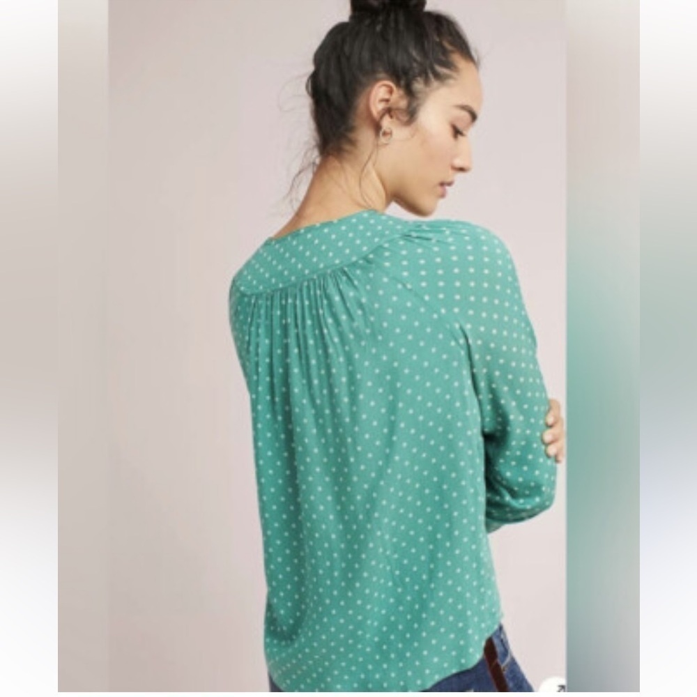 ANTHROPOLOGIE Maeve Green Asbury Polkadot Blouse Large - Picture 2 of 8